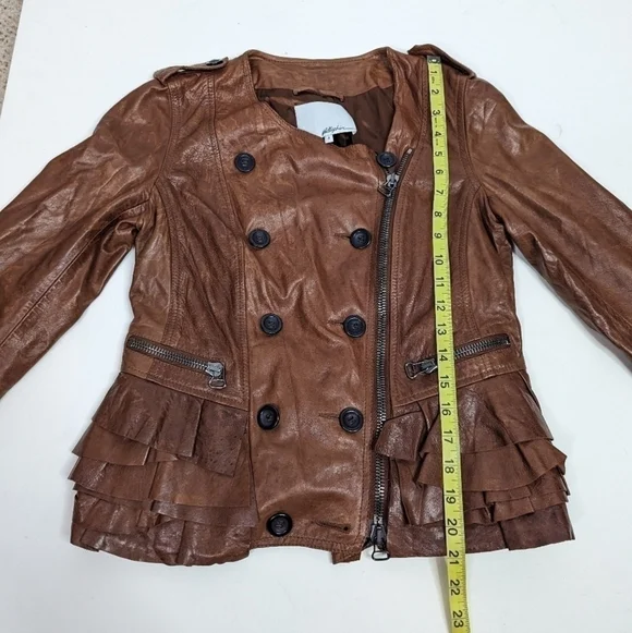 3.1 Phillip Lim Brown Cognac Lambskin Leather Ruffled Zip Up Moto Jacket Size 4 - Picture 8 of 12
